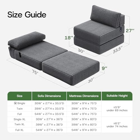 MEGAYES 4-in-1 Folding Sofa Bed Convertible Chair Couch Foldable Chaise Lounger & Mattress Pocket Coils+Foam Fill, Portable No Assembly Boneless Sofa Floor Futon for Living Room/Bedroom, Gray Single MEGAYES