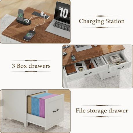Vabches Farmhouse 47" Executive Desk, Computer Desk with File Drawer and Charging Station, Workstation for Home Office, Study,(Unique White). Vabches