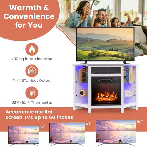 RELAX4LIFE Corner Fireplace TV Stand - Electric Fireplace Entertainment Center w/Heater Insert, LED Lights, APP Control & Adjustable Shelves, Media Console Cabinet for TVs up to 50’’ (White) RELAX4LIFE