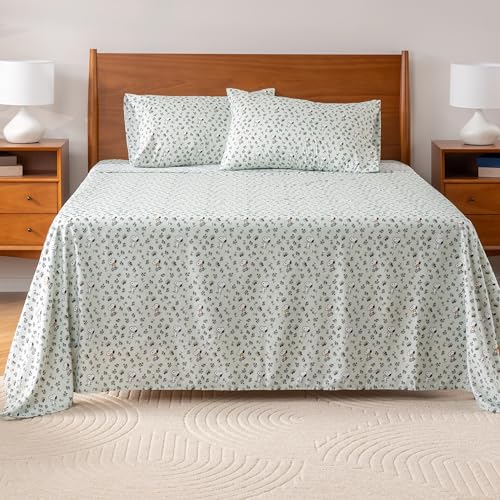 Berkshire Blanket Peanuts® Kids Sheet Set Full Size - 4 Pieces,Cute Character Snoopy Printed Soft Microfiber Bed Sheets,Mini Snoopy & Woodstock New Flower and Bees Sage Berkshire Blanket