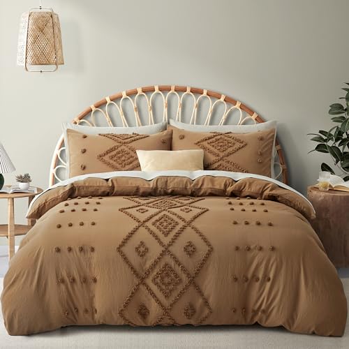 Oli Anderson Tufted Duvet Cover King Size, Soft and Lightweight Duvet Covers Set for All Seasons, 3 Pieces Boho Embroidery Shabby Chic Bedding Set (Pumpkin Brown, King, 104"×90") Oli Anderson