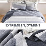 DUOHONG 100% Cotton Quilt Set King Size, King Quilt Bedding Set, Striped Pattern Quilt Bedspread for King Bed, Modern Minimalist Bed Spread Lightweight Comforter, 3Pcs, Charcoal-Blue/Gray/White DUOHONG