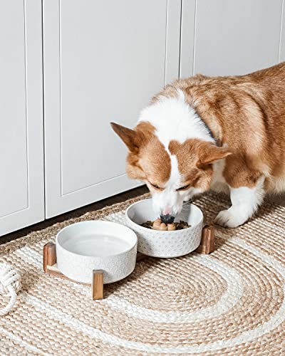 LE TAUCI Dog Bowls Small Breed,Dog Bowl Set with Acacia Wood Stand,1.8 Cups Food and Water Bowl for Small Dogs and Cats, Weighted Dog Dishes, Pet Bowls LE TAUCI