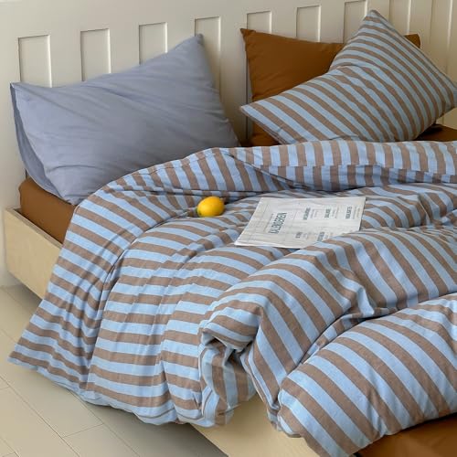 Striped Duvet Cover Set Full, 100% Washed Cotton Vintage Blue Brown Stripes Pattern Printed Comforter Cover, 3 Pieces Breathable Duvet Cover with 2 Pillowcases, Soft Farmhouse Striped Bedding Set LifeTB