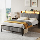 BedsPick Full Size Bed Frame with Ergonomic Headboard, Upholstered Metal Platform Bed Full with 2-Tier Storage, Charging Station, Smart LED Lights, Easy Assembly, No Box Spring Needed, Gray BedsPick