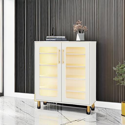 Tribesigns Shoe Cabinet with Acrylic Doors and LED Light, 24 Pairs Entryway Shoe Organizer Storage Rack with 5-Tier Adjustable Shelves for Narrow Closet, Hallway, Living Room (White & Gold) Tribesigns