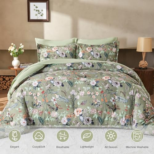 7 Piece King Comforter Set, Sage Green Butterfly Floral Comforter Set with Flowers Leaves Pattern, Soft Microfiber Complete Bedding Set for All Season(Sage Green, King) LLDSYW