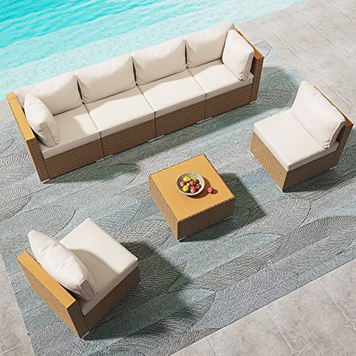 LAUSAINT HOME Outdoor Patio Furniture, 7 Piece Patio Furniture Set PE Rattan Sectional Conversation Sets with Thick Cushions & Wood-Like Coffee Table for Garden, Porch(Beige/Brown Wicker) LAUSAINT HOME