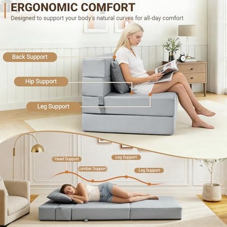 BeBen Folding Sofa Bed, Boneless Foldable Chair Bed, Convertible Futon Sleeper Chair Couch, Twin Lazy Floor Lounger Sofa Couch for Small Spaces, Dorm, Guest Room, Living Room, Apartment, Grey BeBen