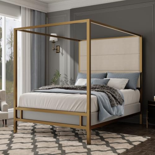 JIJIWANG Modern Gold Canopy Bed Frame with Tall Linen Fabric Upholstered Headboard Metal 4-Poster Bed, Box Spring Needed, (Queen,Gold)