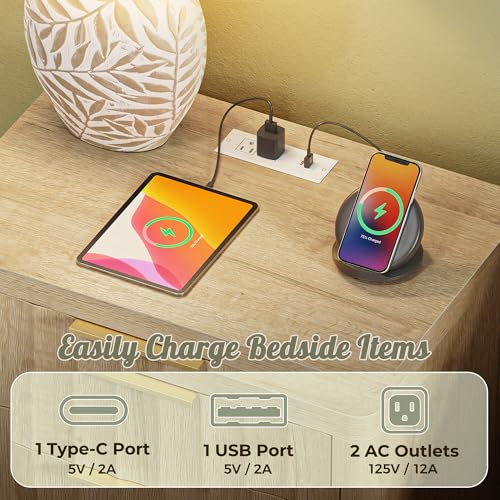 Huuger 27.6 Inch Tall Night Stands with Charger Station, USB-C Port, Fluted Nightstand Set of 2, Larger Wider Bed Side Table with 2 Deep Drawers, Open Shelf, Bedroom Living Room End Table, Natural Huuger