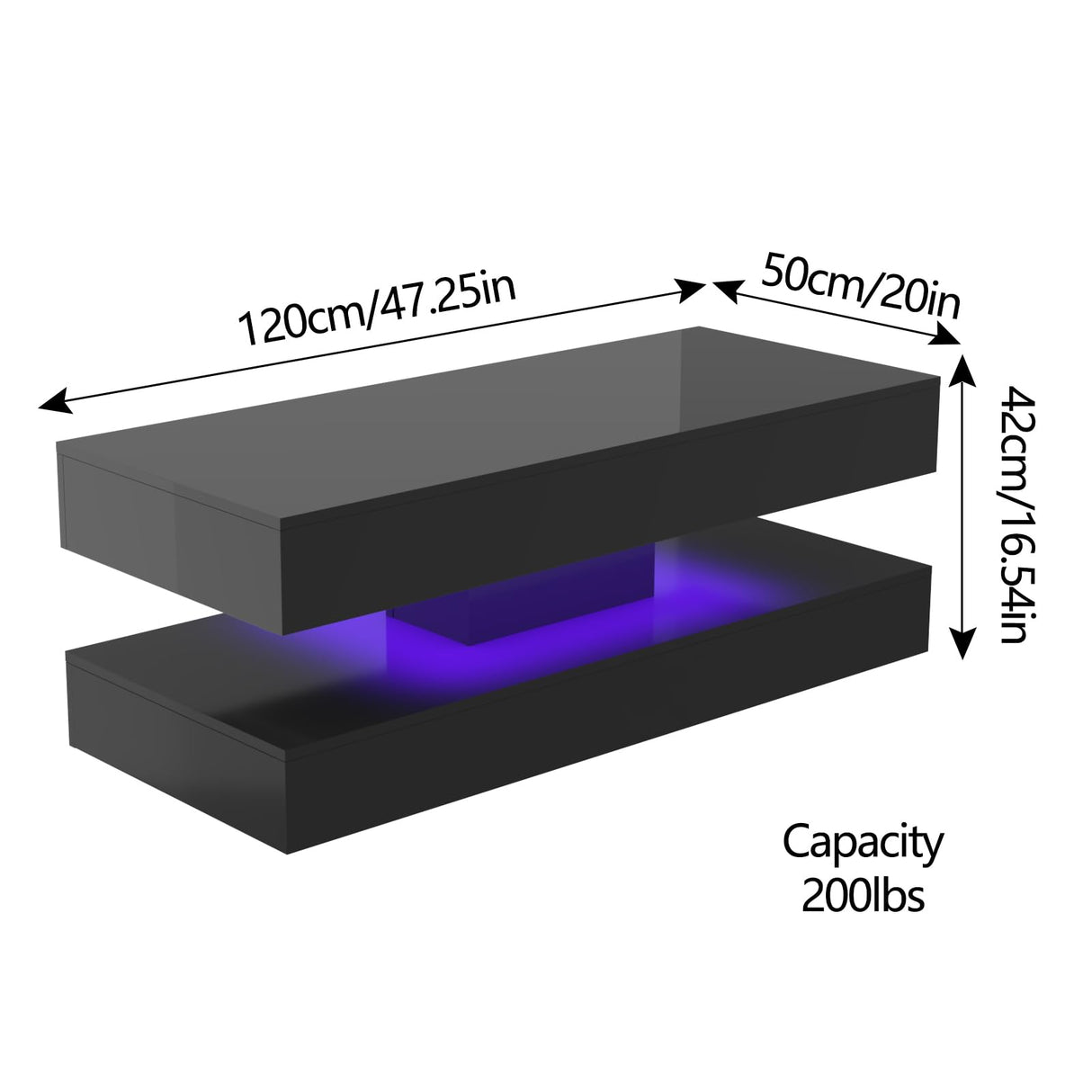 Uspeedy 47.3IN High Glossy LED Coffee Table,Modern Coffee Table for Living Room,Living Room Tables,Large Living Room Furniture,APP LED Lights,Black/White Coffee Table for Living Room (Black) Uspeedy