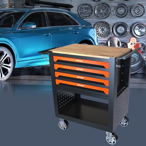 Campfun 4 Drawers Tool Box with Wheels Rolling Tool Cart with Drawers, Workbench Tool Box, Wooden Top Tool Boxes, Metal Multifunction Tool Cart for Campfun