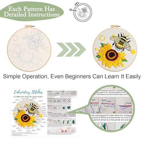 Nuberlic 3 Pack Embroidery Kit for Beginner Adults, Cross Stitch Set with Cute Bee Patterns, Includes Cloth, Hoops, Threads, Needles, Instructions