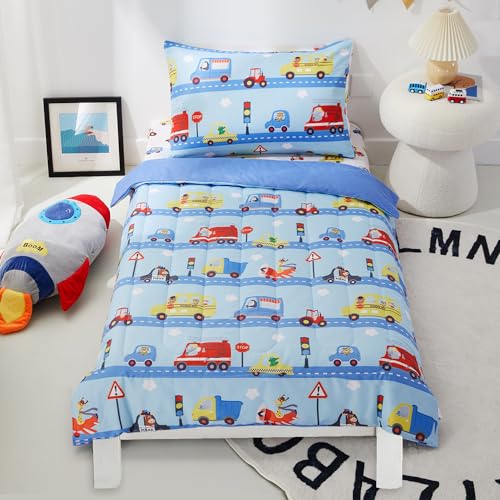 PINNKKU 4-Piece Toddler Bedding Set, Includes 1 Flat Sheet, 1 Fitted Sheet, 1 Comforter and 1 Reversible Pillowcase, Standard Toddler Comforter & Sheet Set, Ultra Soft Toddler Bed Set, Cars & Road PINNKKU