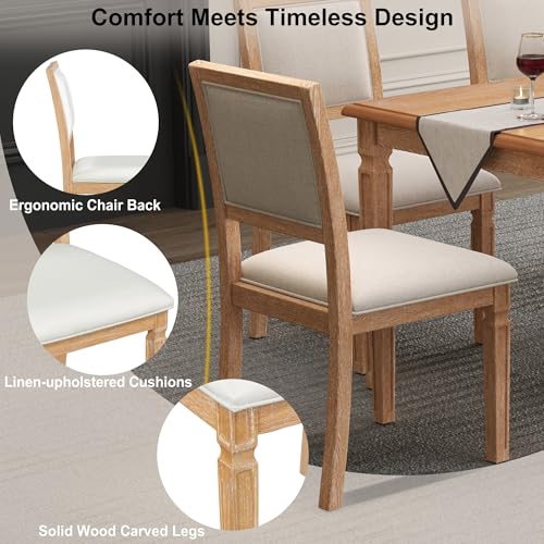 Merax Farmhouse Wooden Dining Set of 6, 72 Inch Extendable Kitchen Table, 4 Chairs with Backrest, 2-Person Bench with Cushion, Rustic Kitchen Table Set w/Retro Carved Legs Natural Wood Wash Merax
