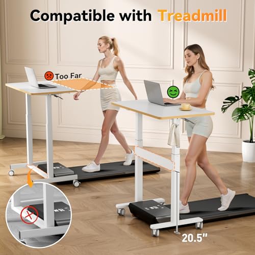 JOY worker Mobile Standing Desk, 35In Small Height Adjustable Desk with Drawer, Rolling Treadmill Desk Workstation with Wheels, Portable Walking Pad Table for Home Office, White JOY worker