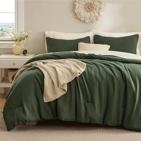 Bedsure Waffle Comforter Set Queen, Soft and Breathable Dark Green Bedding Comforter Set, 3 Pieces, 1 Waffle Weave Comforter (90"x90") and 2 Pillowcases (20"x26") Bedsure