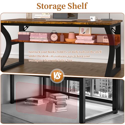 Aevum azn 55 inch Computer Desk, Home Office Desk with Storage Shelf, Sturdy U-Shaped Metal Frame Study Table with Cable Management, Gaming Desk for Office & Bedroom Aevum azn