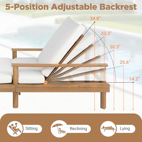 Acacia Wood Outdoor Double Chaise Lounge with 5-Position Adjustable Backrest and Armrest, All Weather Patio Recliner Chair Set of 2 with Cushions and Round Legs for Poolside Garden (Teak-4.3)