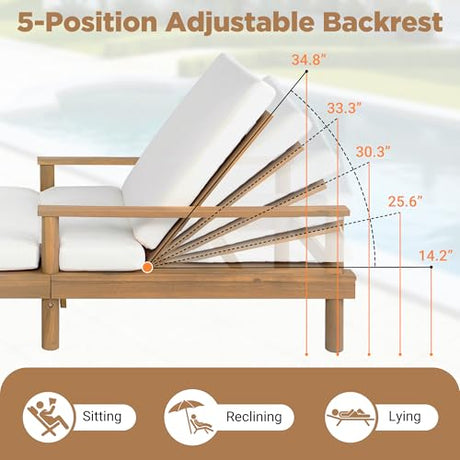 Acacia Wood Outdoor Double Chaise Lounge with 5-Position Adjustable Backrest and Armrest, All Weather Patio Recliner Chair Set of 2 with Cushions and Round Legs for Poolside Garden (Teak-4.3) XD Designs
