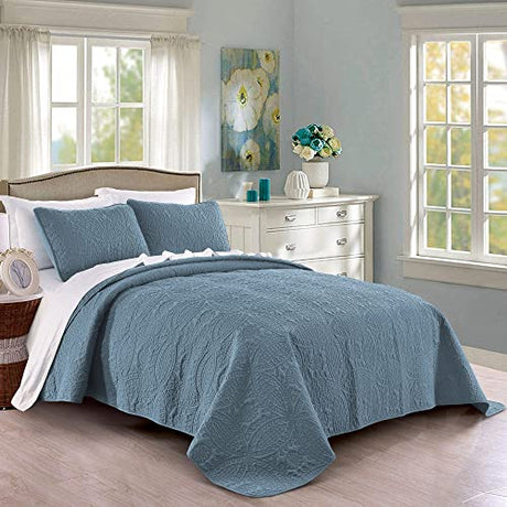 Pure Bedding Quilt Set Full/Queen Size Ash Blue - Oversized Bedspread - Soft Microfiber Lightweight Coverlet for All Season - 3 Piece Includes 1 Quilt and 2 Shams, Geometric Pattern Pure Bedding
