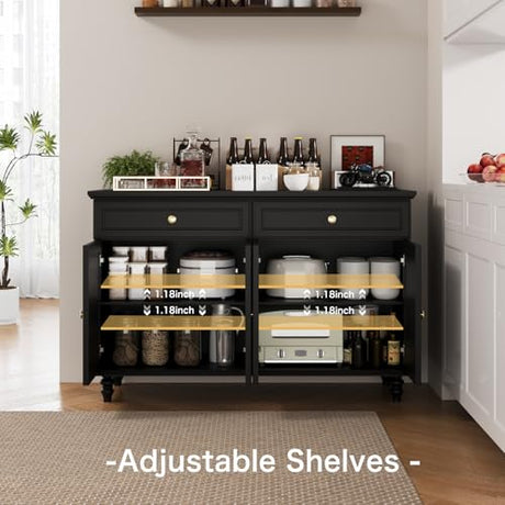 PROXRACER 47.6" Buffet Sideboard with 2 Drawers and 4 Doors, Wooden Kitchen Storage Cabinet with Adjustable Shelves, Rustic Top Console Table for Dining Room, Kitchen, or Entryway,Black PROXRACER