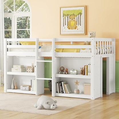 Softsea Twin Low Loft Bed with 2-Tier Shelves & LED Light in White - WoodArtSupply