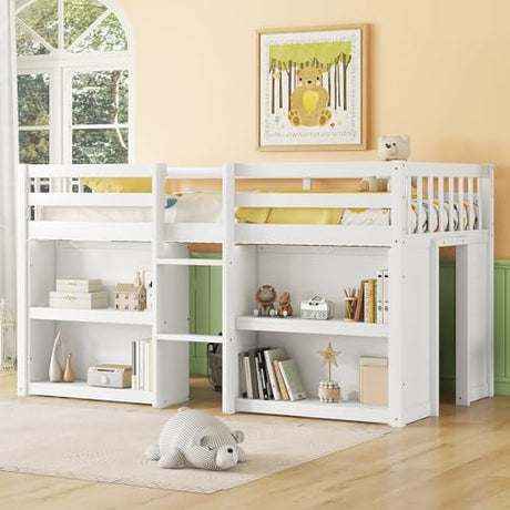 Softsea Twin Low Loft Bed with 2-Tier Shelves & LED Light in White SOFTSEA