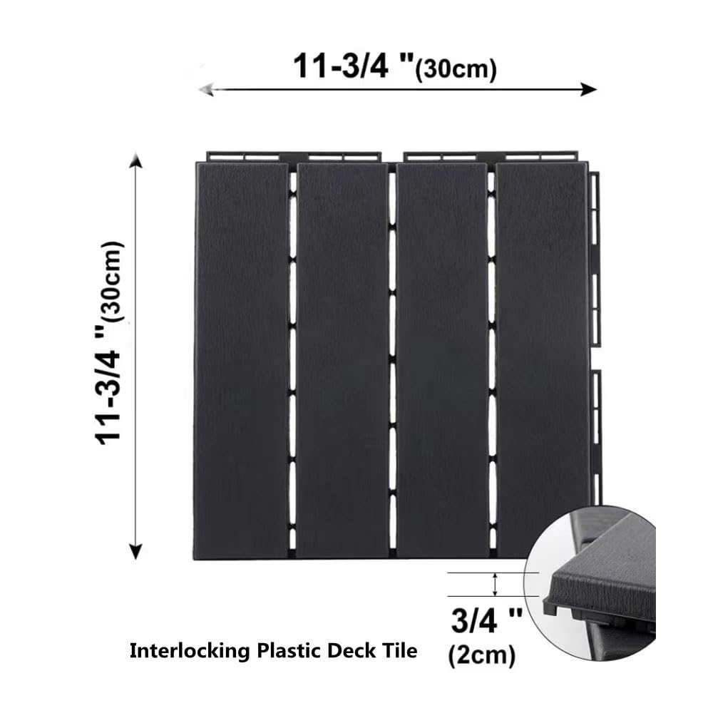 Plastic Interlocking Deck Tiles, Patio Deck Tiles,12"x12" Waterproof Outdoor Flooring All Weather Use, Patio Floor Decking Tiles for Porch Poolside Balcony Backyard, Dark Grey (36, Black, 12 * 12)