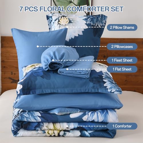 DJY Comforter Set Queen Size, 7 Piece Grey Blue Floral Comforter Set with Sheets Elegant Flower Print Bed in a Bag Soft Microfiber Complete Bedding Set for All Season DJY
