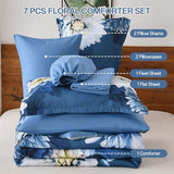 DJY Comforter Set Queen Size, 7 Piece Grey Blue Floral Comforter Set with Sheets Elegant Flower Print Bed in a Bag Soft Microfiber Complete Bedding Set for All Season DJY