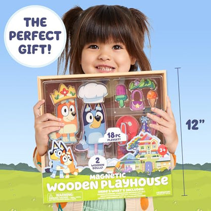 Horizon Group USA Bluey Magnetic Wooden Playhouse, 18 Piece Activity Set, Includes 2 Wooden Dolls House, Great Toys for Kids, Fun Birthday Party Activity, House Playset - WoodArtSupply