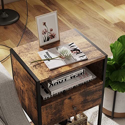 LDTTCUK Nightstand with Charging Station, Modern End Table with Drawer, Bedside Table with Open Storage for Bedroom,Rustic Brown LDTTCUK