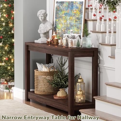 Besiost Small Farmhouse Wood Entryway Table Narrow Console Table with Storage Behind Couch Sofa Table with Shelves Entry Way Tables with Open Storage, Easy Assembly, 32" Black Walnut Besiost