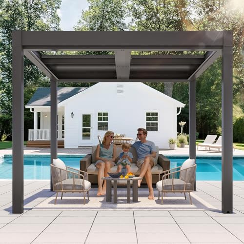 Greesum 10x10FT Outdoor Aluminum Pergola, Electric Adjustable Louvered Pergola with LED Lights and Gutter System, Metal Gazebo for Patio, Deck, Garden, Yard, Black Greesum
