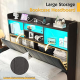 LUXOAK King Farmhouse Bed Frame with Bookcase Headboard and 4 Drawers, LED Storage Bed with Charging Station & Linen Upholstered, No Box Spring Needed,Black LUXOAK