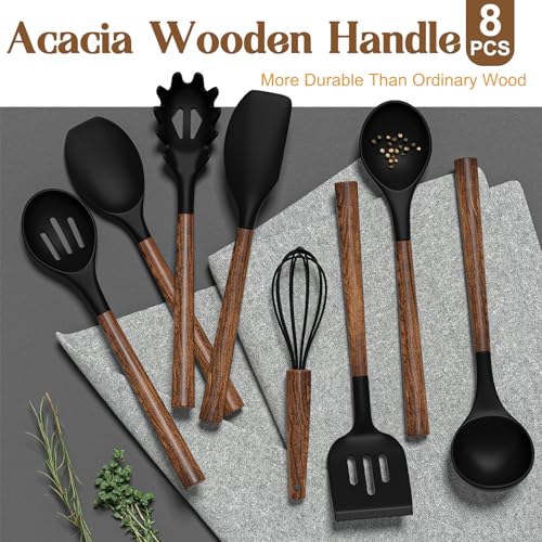 Silicone Cooking Utensil Set, Umite Chef 8-Piece Kitchen Set with Natural Acacia Wooden Handles,Food-Grade Silicone Heads-Silicone Kitchen Gadgets Spatulas Set for Nonstick Cookware- Black