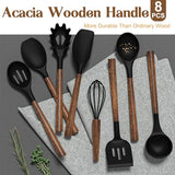 Silicone Cooking Utensil Set, Umite Chef 8-Piece Kitchen Set with Natural Acacia Wooden Handles,Food-Grade Silicone Heads-Silicone Kitchen Gadgets Spatulas Set for Nonstick Cookware- Black Umite Chef