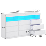 BTHFST 9 Drawer Dresser for Bedroom with Power Outlet & LED Lights, 56.7" W Chest of Drawers with Open Shelves, No-Handle Modern Dresser for Living Room, Entryway, White BTHFST
