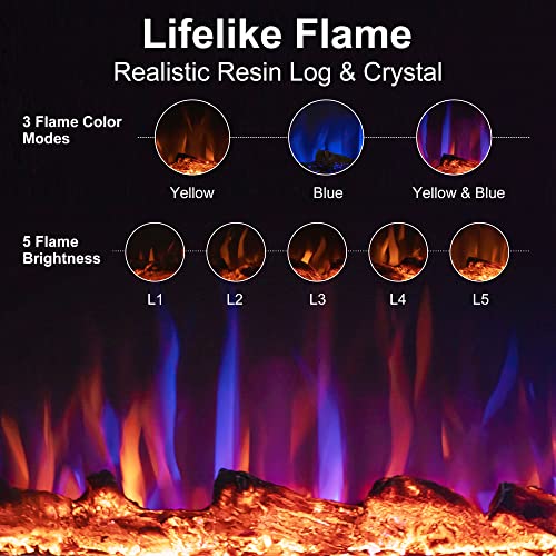36'' Smart Electric Fireplace Inserts, Recessed & Wall Mount Electric Heater and Linear Fireplace with APP& Touch Screen &Remote Control, 62-99°F Temperature, Hard Wired & Plug in Benrocks