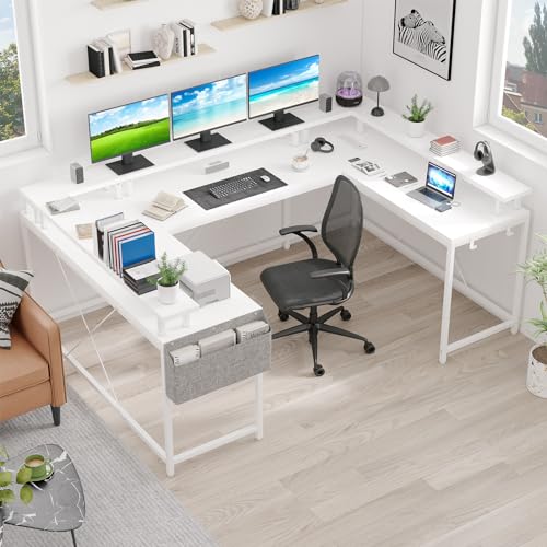 U Shaped Computer Gaming Desk, 79’’ Reversible l Shaped Computer Desk with Power Outlet & LED Strip, Office Desk with Monitor Stand, Large Corner Desk with Storage Bag for Bedroom, Office, White TrailBlaze