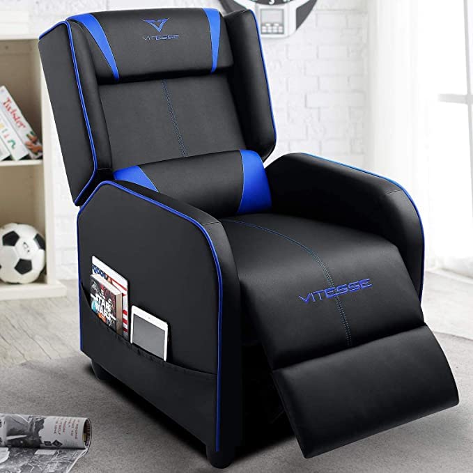VITESSE VIT Gaming Recliner Chair Racing Style Single PU Leather Sofa Modern Living Room Recliners Ergonomic Comfortable Home Theater Seating, Blue. VITESSE
