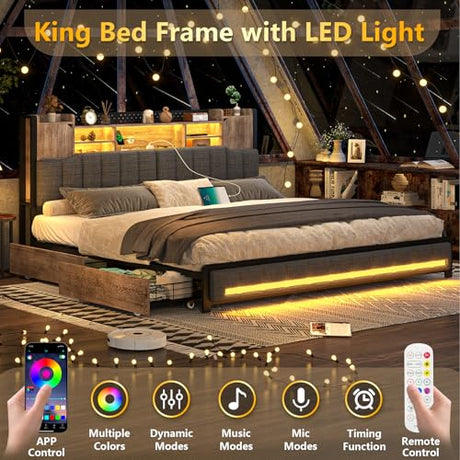 CSZZD King Size Bed Frame and Bookcase Headboard & Storage Drawers, LED Upholstered Platform Bed Frame King Size with USB Charging Station, No Box Spring Needed, Easy Assembly, Oak Gray CSZZD