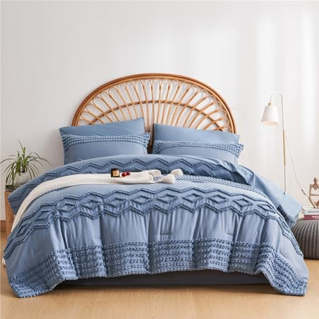KAKIJUMN Blue Tufted 7-Piece Queen Comforter Set, Shabby Chic Boho Comforter and Sheet Set, All Season Soft Microfiber Complete Bedding Set KAKIJUMN