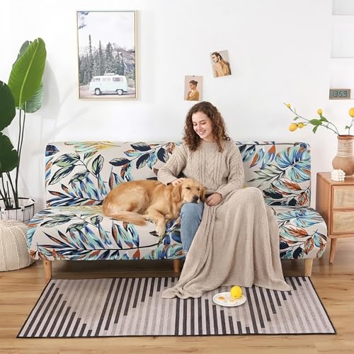 WOMACO Printed Futon Cover Stretch Sofa Bed Slipcovers Full Twin Queen Size Armless Couch Loveseat Protector Covers with Elastic Bottom for Living Room Bedroom Furniture (Rain Leaves, 63"-75") WOMACO