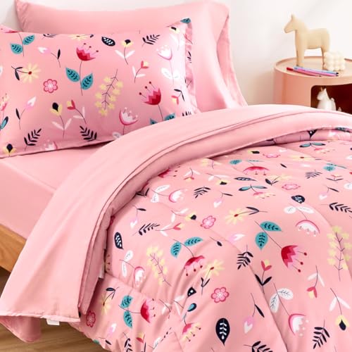 SLEEP ZONE Kids Twin Bedding Comforter Set - Super Cute & Soft Kids Bedding 5 Pieces Set with Comforter, Sheet, Pillowcase & Sham (Pink Flower) SLEEP ZONE