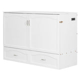 P PURLOVE Queen Murphy Bed, Modern Cabinet Bed with Drawer, A Set of Sockets and USB Ports, Wood Murphy Bed Frame for Adult, Teenager, Pulley Structure Desig (White) P PURLOVE