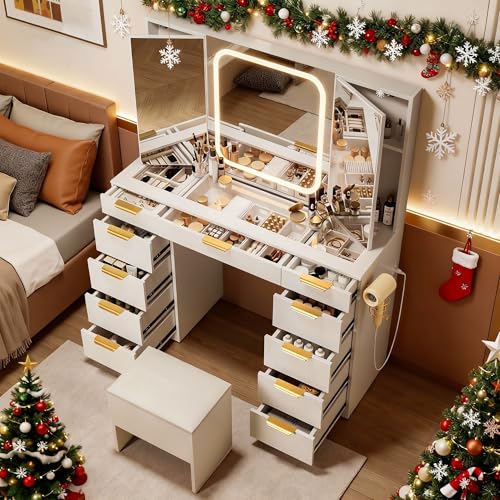 Fkhouse Glass Top Vanity Desk with Foldable Mirror and Lights, 11 Drawers Makeup Vanity with Charging Station, 3 Lighting Modes Dressing Table with Chair, White Fkhouse