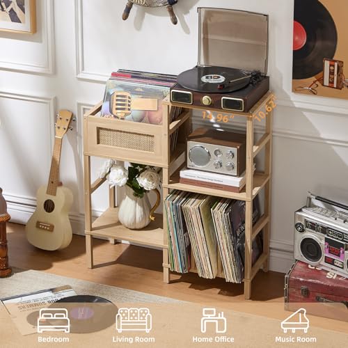 LELELINKY Record Player Stand, Natural Oak Wood Record Holder with Vinyl Storage Holds up to 300+ Albums, 3-Tier Rattan Media Table with Vinyl Display Shelf, Record Storage Cabinet for Living Room LELELINKY